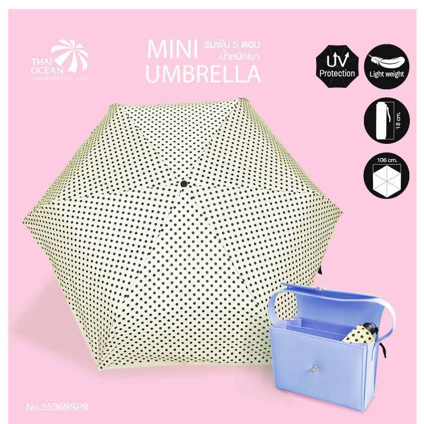 Leo ร่มพับน้ำหนักเบาพิเศษ 5 ตอน ลายจุด พกง่าย ใส่กระเป๋าถือได้ ผ้าเคลือบยูวีกันแดด