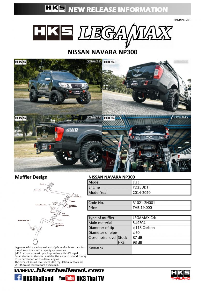 ท่อ HKS สำหรับ NISSAN NAVARA NP300 ตั้งแต่ปี 2014-2020 LEGAMAX Carbon TAIL (Single)