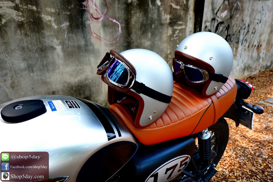 หมวกกันน็อคสไตล์วินเทจคลาสสิค สีสีบอร์นเงินด้าน ขอบน้ำตาล