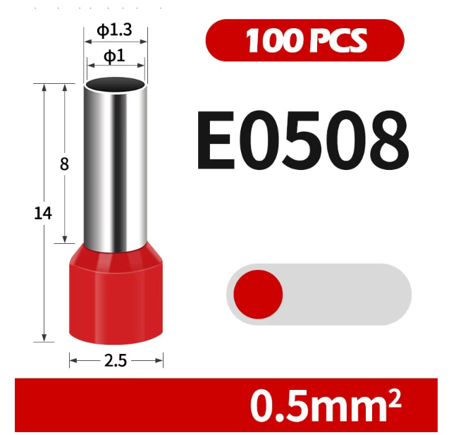 หางปลาคอร์ดเอ็น CORD END หางปลาเข้าสายไฟหางปลาเดี่ยว แพ็คละ 100 ตัว หางปลาคู่ E0508 Tube-type terminal block copper tinned cold pressed wire ear flame retardant European style pin