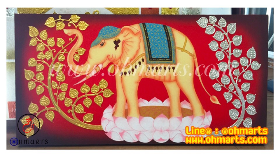 ภาพวาดช้างชูง่วงบนดอกบัว F0001
