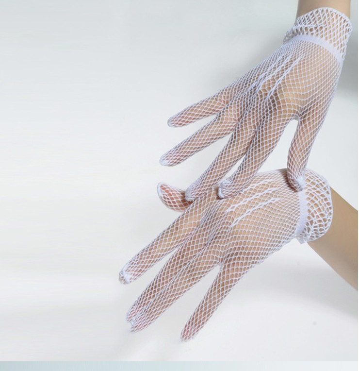 ถุงมือเด็กออกงานสีขาวตาข่ายยืด 6-15 ขวบ