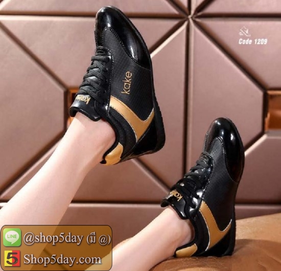 รองเท้าผ้าใบ + หนัง PU แบรนด์ kake สไตล์ Sport (ดำ-ทอง)