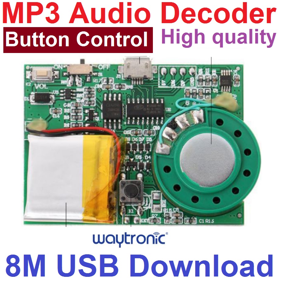 โมดูลเล่นเสียง MP3 แบบปุ่มกด ความจุ 8 MB เสียงดังฟังชัด คุณภาพเสียงดีมาก เป็น SD card ในตัว MP3 Player Button Control Programmable Sound Voice Music Board Module for Greeting Card DIY