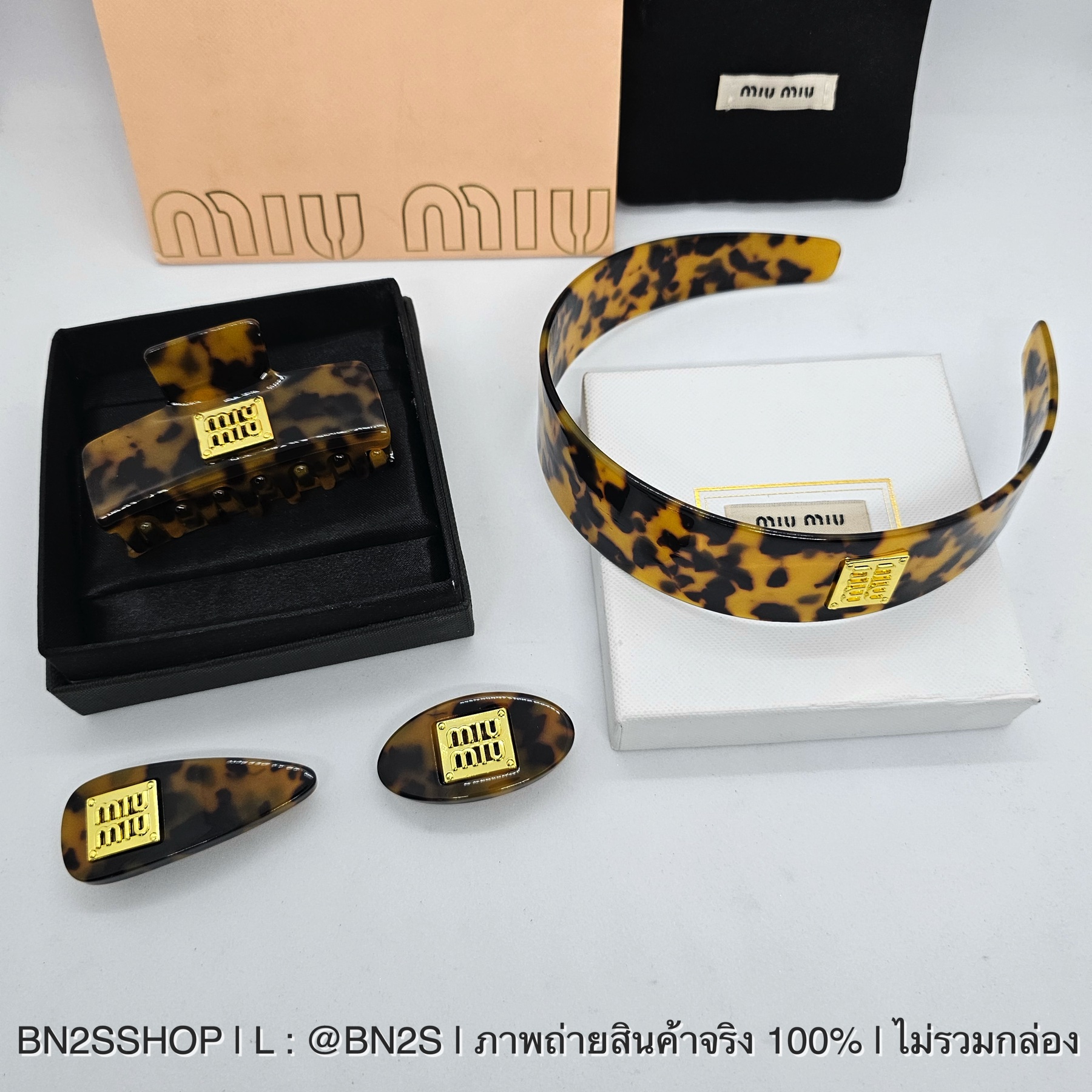 ที่คาดผม | MIU MIU Plexiglas Headband and hair clip สี Tortoiseshell/Gold รวมรุ่น ที่คาดผม กิ๊บติดผม มิว มิว สีน้ำตาลลายกะ ติดโลโก้