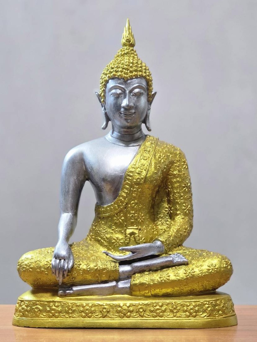 พระบูชา พระสุโขทัย ปางชนะมาร ห่มจีวรลายดอกพิกุล ทำสี2กษัตริย์ (สีเงิน-ทอง)