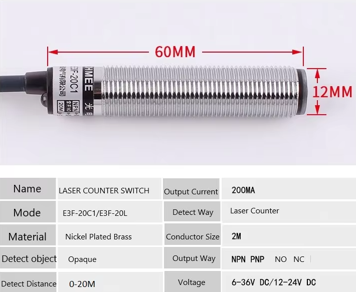 M12 Laser photoelectric Switch Waterproof E3F-20N2/20L 6-36V DC NPN NC. 20m Detection Distance Visible Light Sensor
