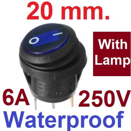 สวิตช์กันน้ำ 2ทาง 3ขา 250V 6A มีไฟ LED สีน้ำเงิน ขนาด 20 mm KCD1 ON-OFF Waterproof Round Switch 2 Feet Outer Diameter 23mm Hole 20mm Blue color สวิตช์กระดก