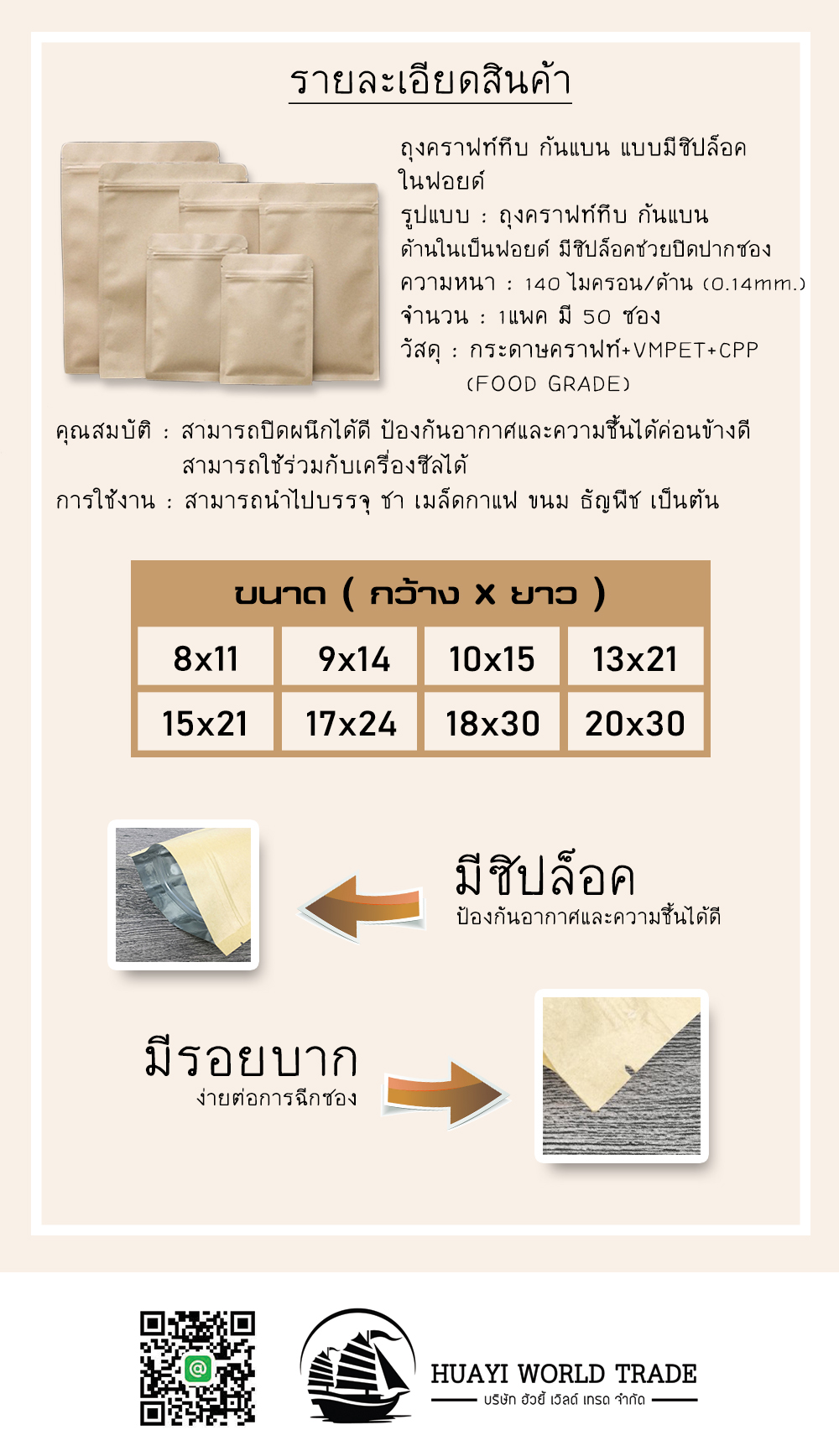 ถุงคราฟท์ทึบ ก้นแบน แบบมีซิปล็อค ในฟอยด์