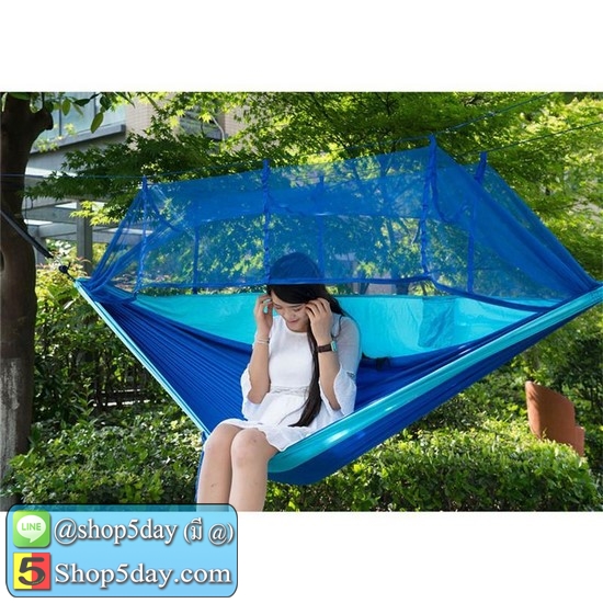 เปลเดินป่า เปลญวน มีมุ้งกันยุงสำหรับตั้งแคมป์ สีฟ้า-น้ำเงิน