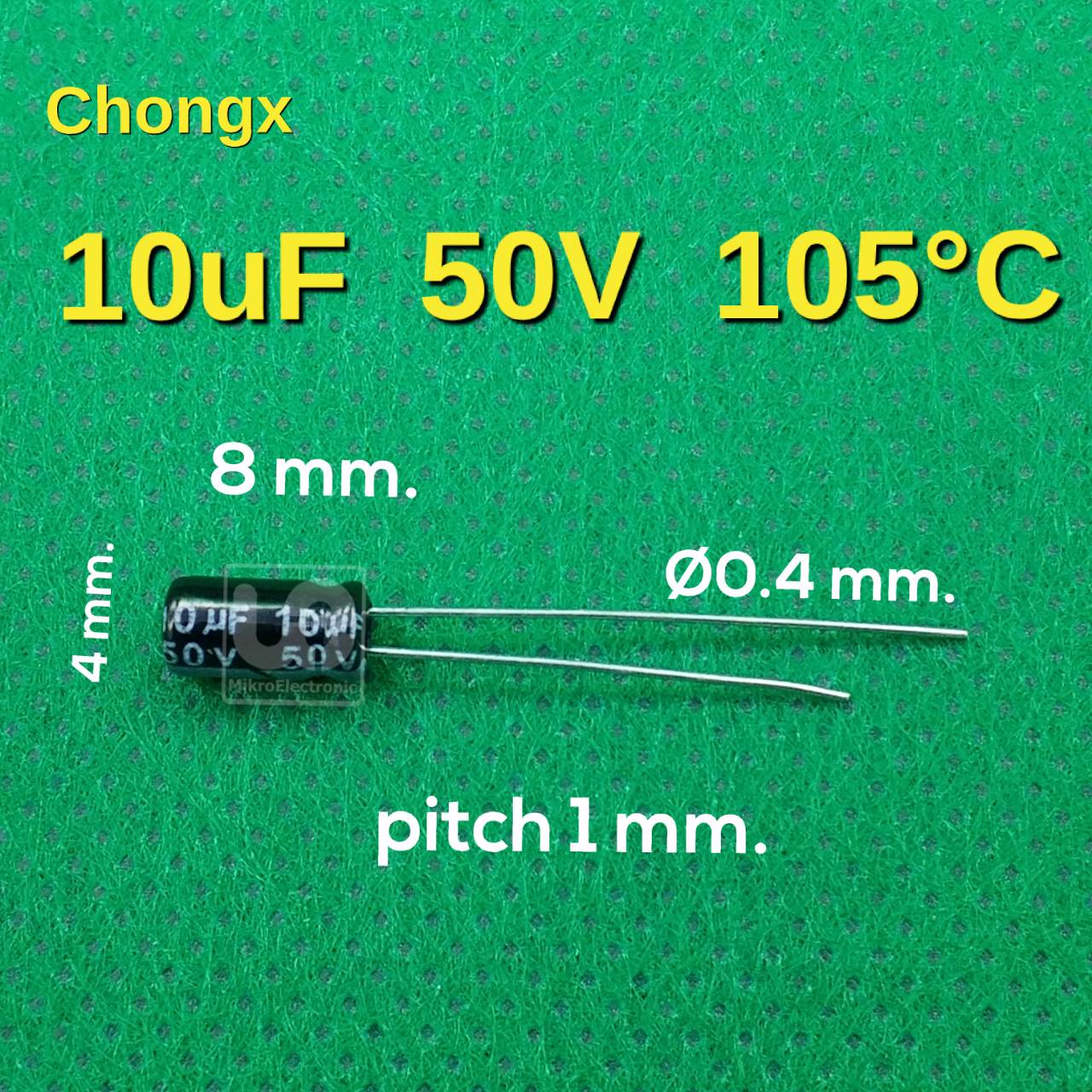 ตัวเก็บประจุ 10uF 50V pitch 1 mm. Chongx radial Electrolytic capacitor