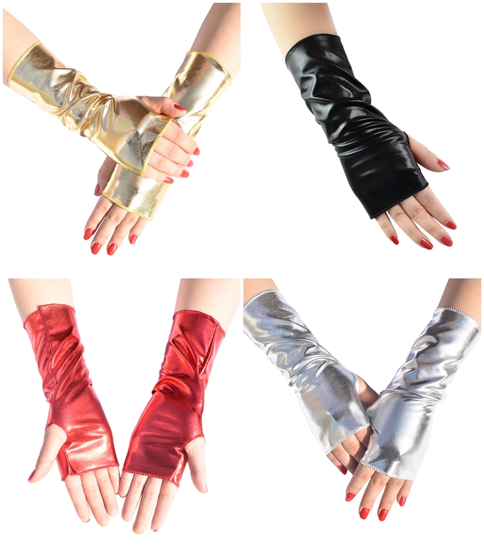 ถุงมือแบบเปิดนิ้ว ผ้ามันเงาเล่นแสง ถุงมือดรัมเมเยอร์ มีสีแดง สีดำ สีเงิน สีทอง
