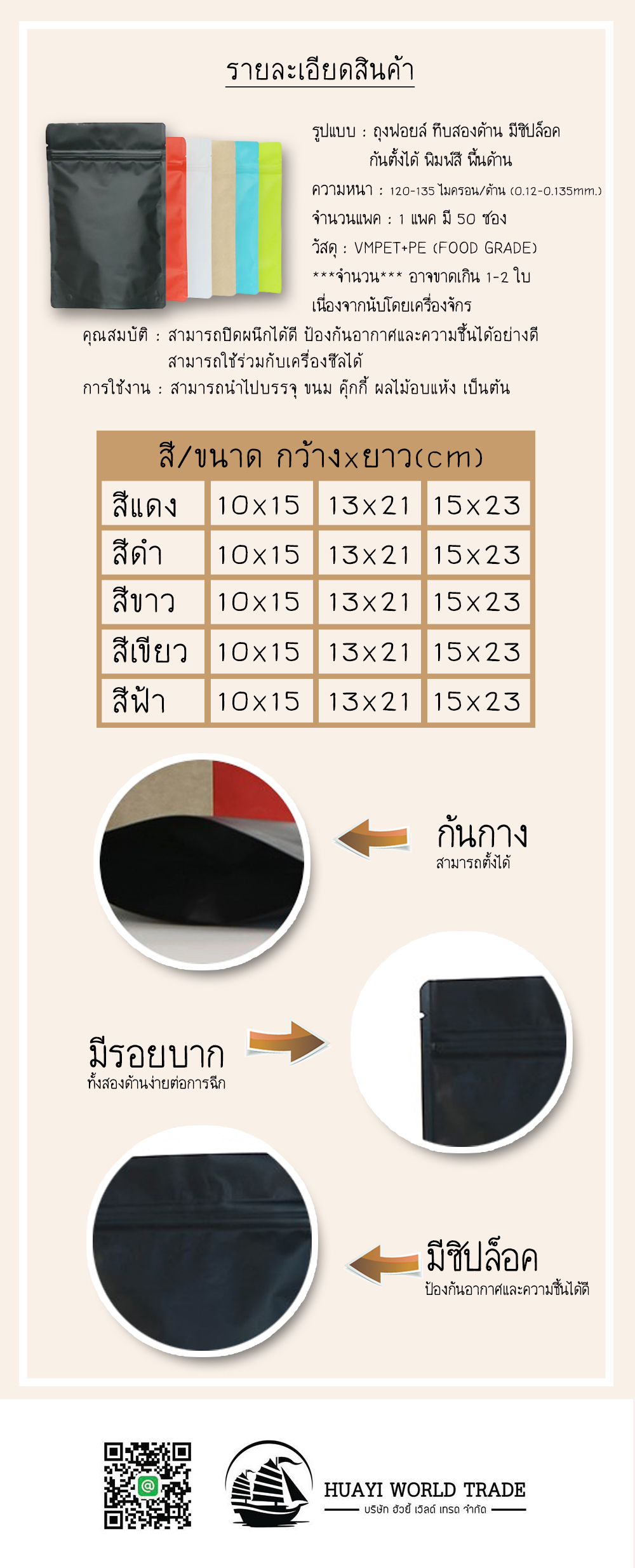 ถุงฟอยล์ ทึบสองด้าน มีซิปล็อค ก้นตั้งได้ พิมพ์สี พื้นด้าน