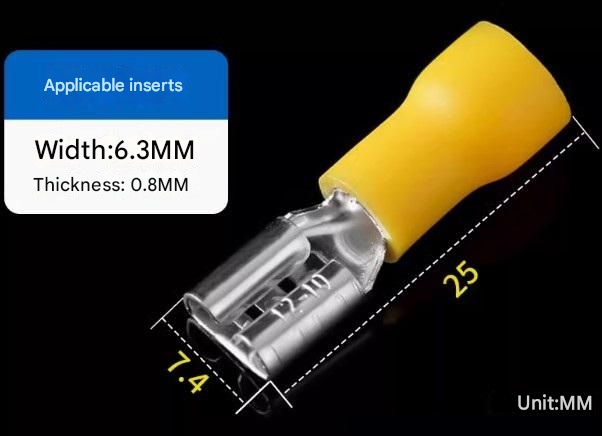 หางปลา FDD5.5-250 สีเหลือง สำหรับสายไฟ 4.0-6.0 mm2 (12-10 AWG) 24A แพ็กละ 20 ตัว Crimp Terminal หางปลาเสียบ ตัวเมีย