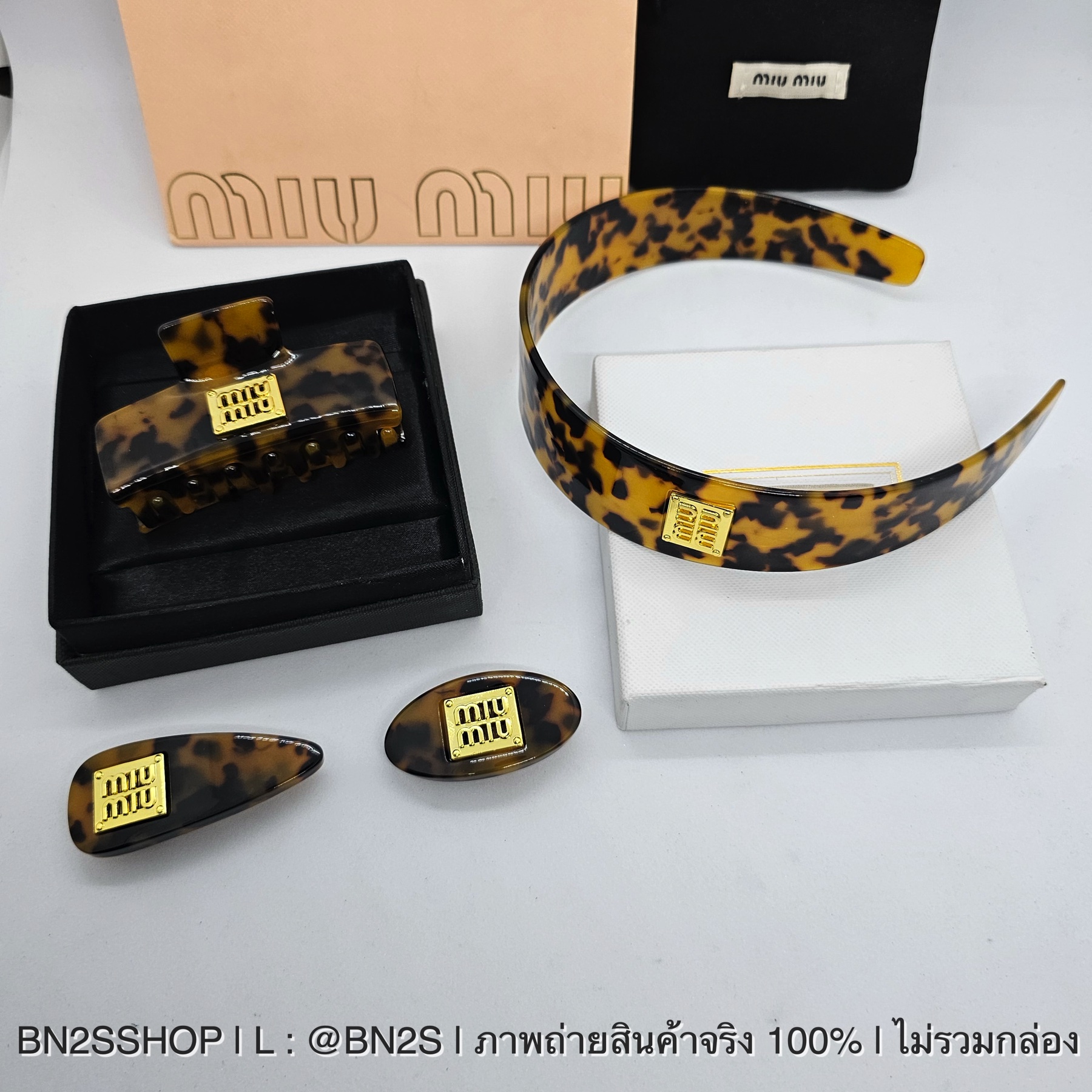 ที่คาดผม | MIU MIU Plexiglas Headband and hair clip สี Tortoiseshell/Gold รวมรุ่น ที่คาดผม กิ๊บติดผม มิว มิว สีน้ำตาลลายกะ ติดโลโก้