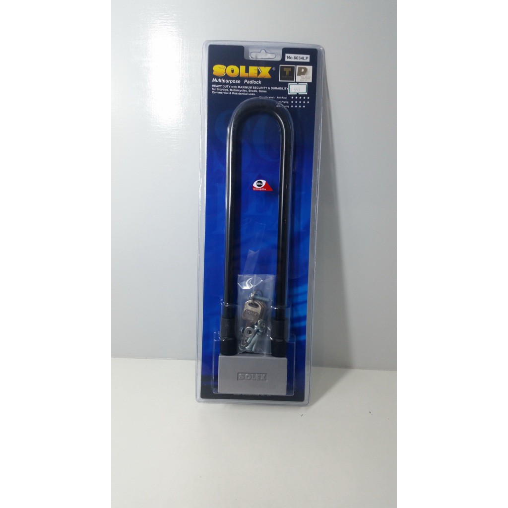 กุญแจล็อคล้อรถ-ล็อคโช๊คมอเตอร์ไซด์-SOLEX-6034, 6035-แบบห่วงยาว-คล้องประตู,ล็อครั้ว,ล็อคอาคาร (สีดำ)