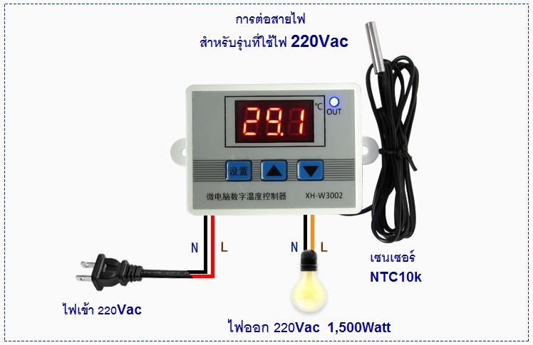 เครื่องควบคุมอุณหภูมิ 220Vac 10A 1500W XH-W3002 Digital Thermostat Temperature Control Switch Temperature Controller Digital Display Mini Thermostat Switch with Water-resistant Sensor Probe