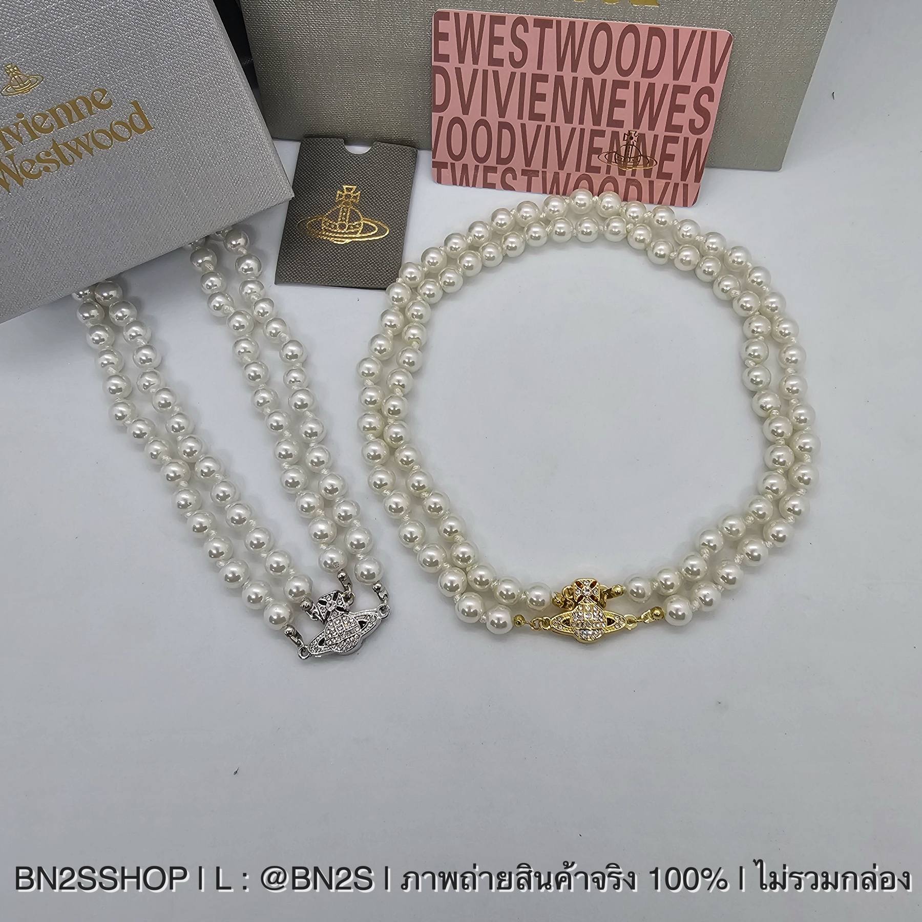 สีเงิน | Vivienne Westwood Graziella embellished choker สร้อยคอโชกเกอร์ ไข่มุกสองเส้น อะไหล่เงินทอง จี้ดาวเสาร์ระกบแม่เหล็ก