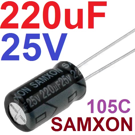ตัวเก็บประจุ 220uF 25V pitch 3.5 mm. ยี่ห้อ SAMXON radial Electrolytic capacitor