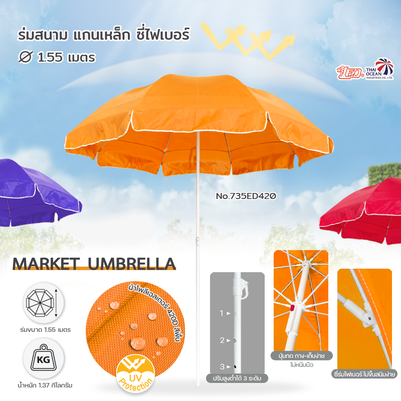 Leo ร่มสนาม แม่ค้า สำหรับขายของ ร้านกาแฟ ขนาด Ø1.55 เมตร ผ้าโพลีเอสเตอร์ 420D