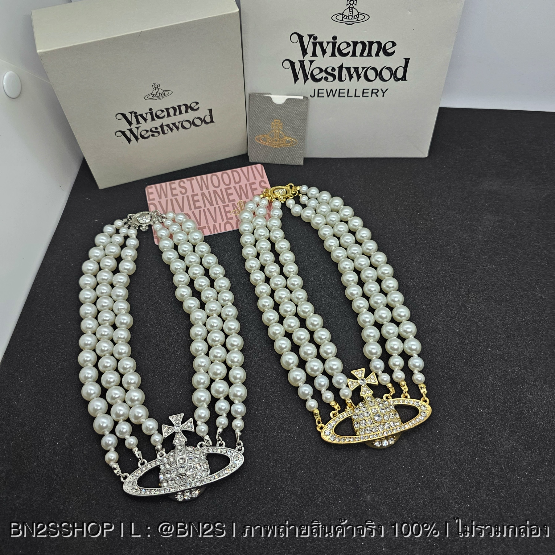 สีทอง | Vivienne Westwood สร้อยคอโชกเกอร์ VW Three Row Chocker ไข่มุก 3 ชั้น ห้อยจี้ดาวเสาร์อะไหล่เงิน ทอง งานปั๊มแบรนด์ด้านหลัง