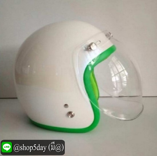 ALTRAX หมวกกันน็อควินเทจ ราคาถูก รุ่น LAZOR สีขาวมุกประกาย นวมเขียว คิ้วเขียว ถอดซักได้ พร้อมแว่นBUBBLEใส