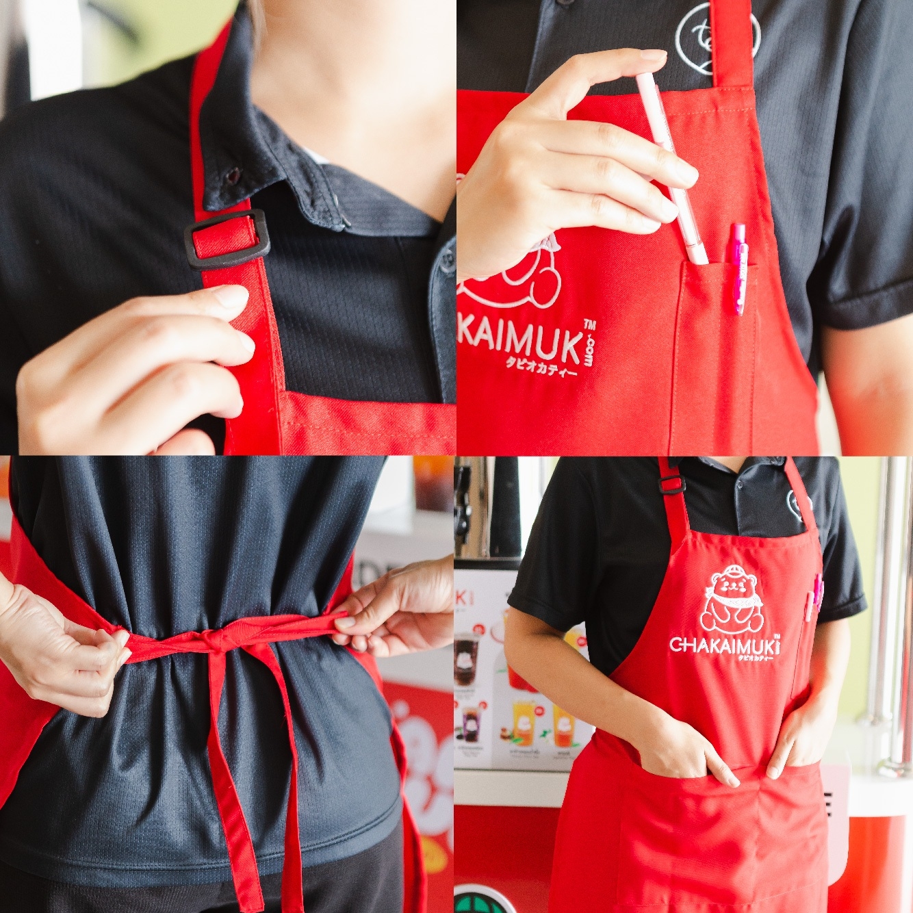 ผ้ากันเปื้อน Ckakaimuk 2024 ผ้า โซล่อน ปักโลโก้ น้องหมี ชาไข่มุก ทรงเต็มตัว ฟรีไซส์ บรรจุ 1 ชิ้น