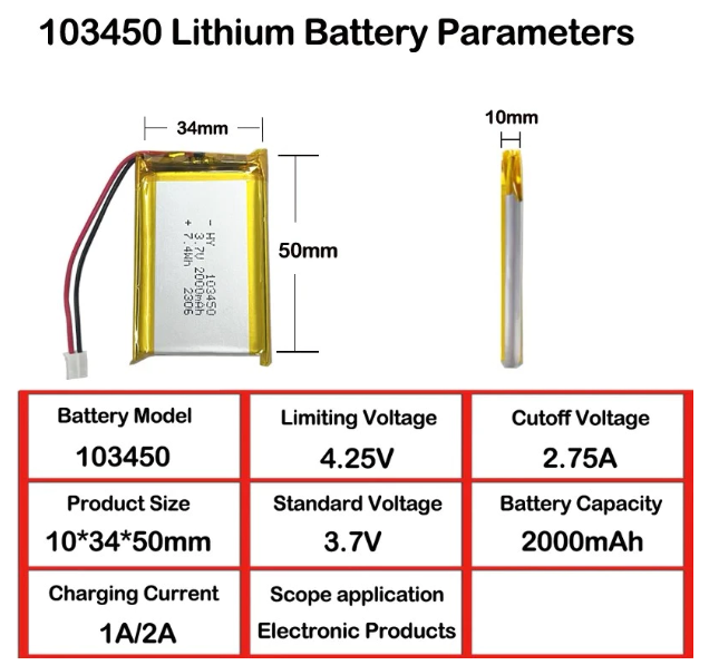 103450PL Li-ion แบตเตอรี่ลิเธียม 3.7V 2000mAh Rechargeable Battery with 2 Pin 2.54 JST Connector ถ่านชาร์จ