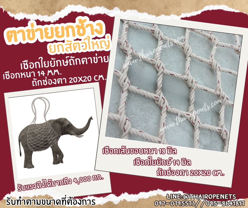 ตาข่ายยกช้าง ตาข่ายเคลื่อนย้ายสัตว์ Carring Bag เชือกใยยักษ์ถัก รับแรงดึงได้มากถึง 4,000 กก. รับทำตามขนาดที่ต้องการ