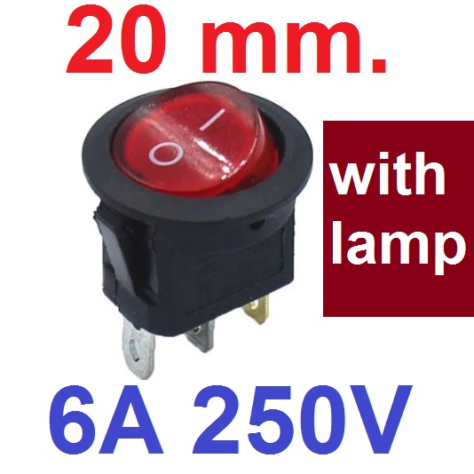 สวิตช์ 2ทาง 3ขา ขนาด 20 mm มีไฟสีแดง. บนกลมล่างเหลี่ยม below the uper circle Round Black Rocker Switch 3 Pin 6A 250V / 10A 125V SPST ON-OFF Snap-in with RED light 20mm Diameter KCD1 สวิทช์