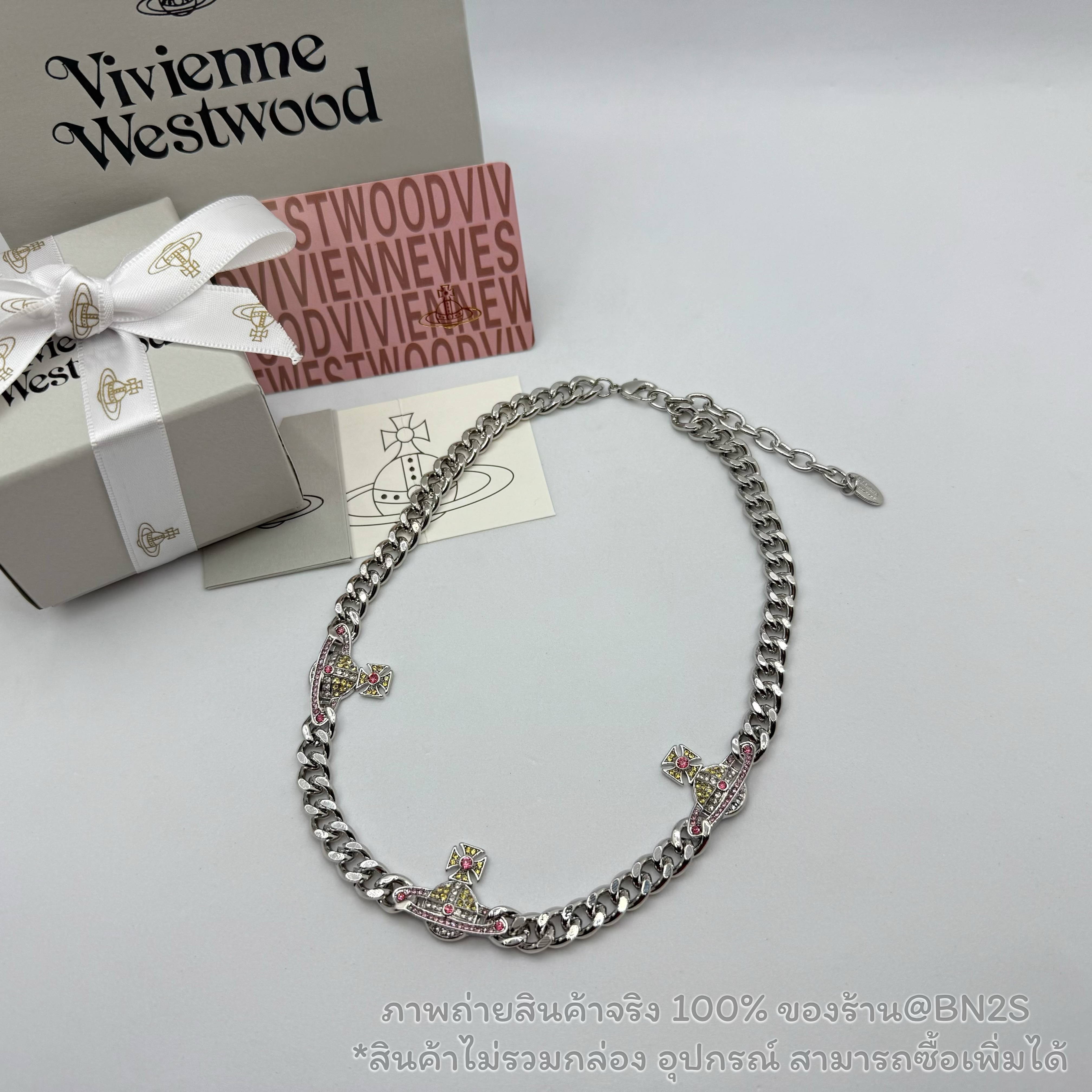Vivienne Westwood Multi KIKA Relief Orb Necklace สร้อยคอสายโซ่ วิเวียน ประดับจี้ดาวเสาร์ คริสตัลสีชมพูอะไหล่สีเงิน พร้อมส่ง ไม่รวม กล่อง อุปกรณ์