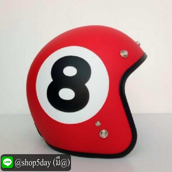 AVEX หมวกกันน็อควินเทจคลาสสิค ราคาถูก รุ่นLB ลายเลข 8 สีแดงด้าน คิ้วดำ ผ้าดำ