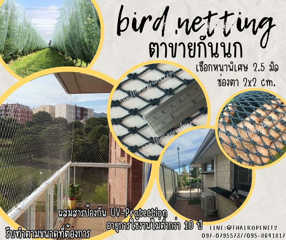 ตาข่ายกันนก bird netting สีฟ้าอมเขียว เชือกหนาพิเศษ 2.5 มิล ช่องตา 2x2 cm.ตาข่ายกันนกเข้าบ้าน เข้าสวน ทำตามขนาดที่ต้องการ