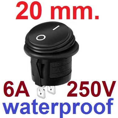 สวิตช์กันน้ำ ไม่มีไฟ 2 ทาง 2 ขา 250V 6A ขนาด 20mm KCD1 ON-OFF Waterproof Round Switch 2 Feet Outer Diameter 23mm Hole 20mm Black color สวิตช์กระดก