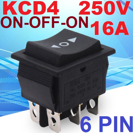 สวิตช์ 2 ทาง กดติด ปล่อยดับ KCD4 มีลูกศร Black Rocker Switch ON-OFF-ON Switch 2 Position 6 Pins Arrow is Reset 16A 250VAC/ 20A 125VAC
