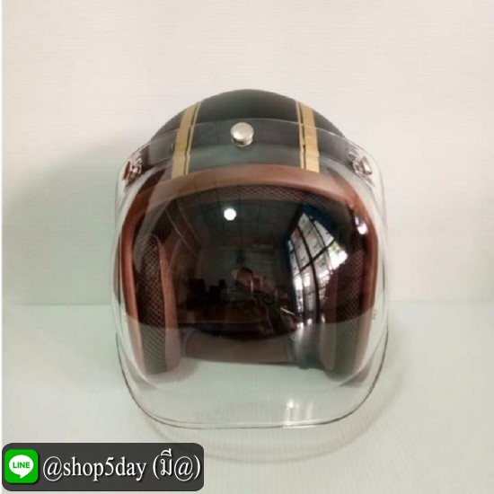 AVEX หมวกกันน็อควินเทจคลาสสิค ราคาถูก รุ่นLB HIGH สีดำด้านคาดทอง คิ้วน้ำตาล ผ้าน้ำตาล พร้อมชิวBUBBLE สีใส