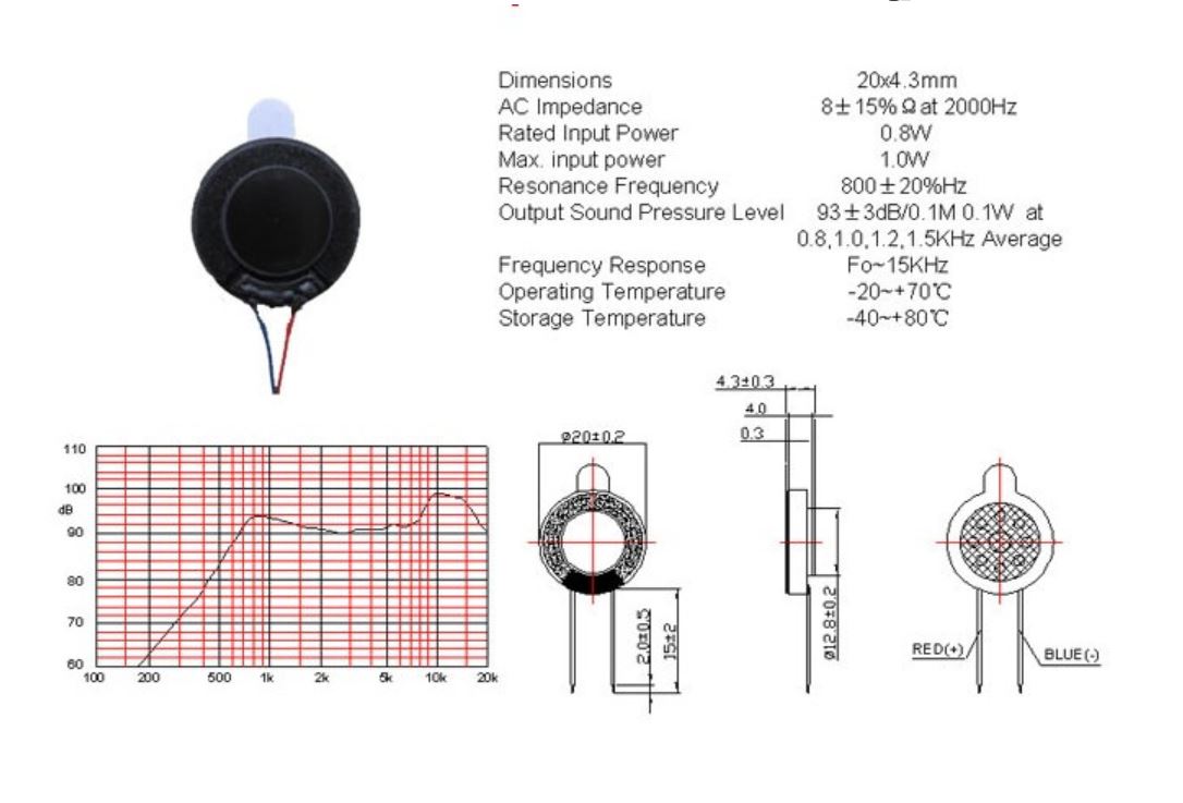 ลำโพง ขนาด 20มม มีกาว2หน้า Speaker 1W 8 Ohm Thickness 4.2mm Acoustic Speaker F20 20MM Round Tablet Phone MP3 mobile phone With wire length 5cm