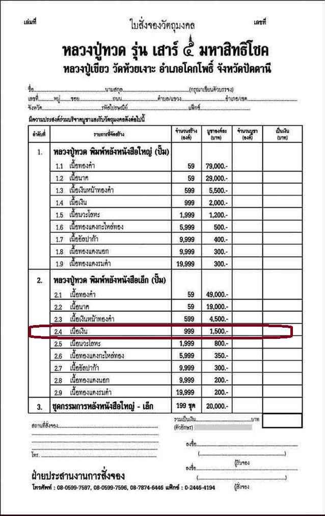 พระหลวงพ่อทวด พ่อท่านเขียว เตารีด พิมพ์หลังหนังสือเล็ก รุ่นเสาร์ ๕ มหาสิทธิโชค จัดสร้างปี ๒๕๕๓ เนื้อเงิน หมายเลข ๘๔๑