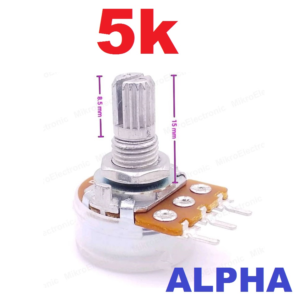 ตัวต้านทานปรับค่าได้ VR ALPHA 5kOhm B Type แกนยาว 15 มม. Volume