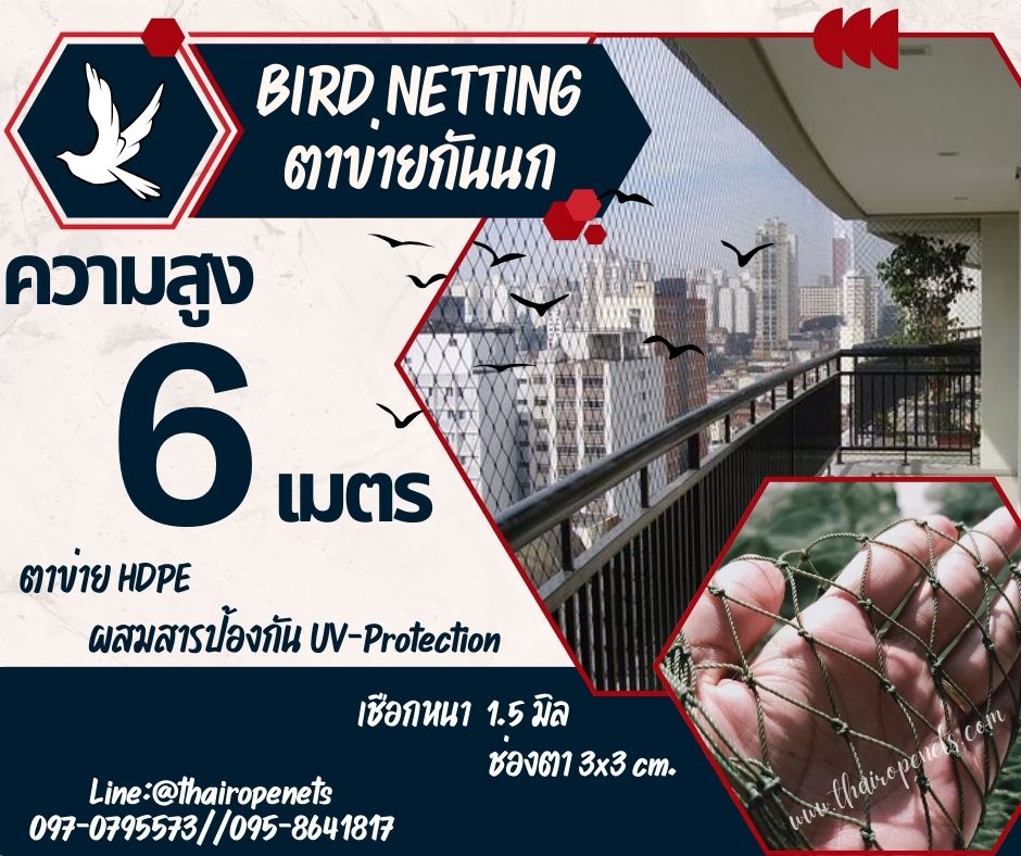 ตาข่ายปิดช่องลมกันนก bird netting ความสูง 6 เมตร รุ่นเชือกหนา 1.5 มิล ผสมสารป้องกัน UV-Protection อายุการใช้งานกลางแจ้ง มากกว่า 7-8 ปี