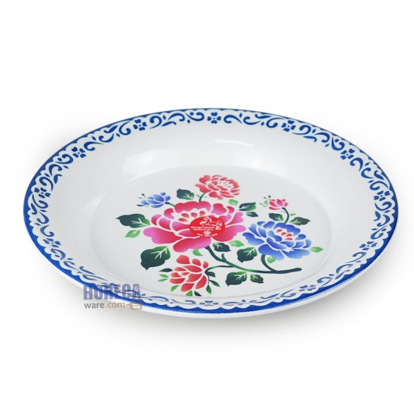 ถาดกลมเมลามีน 9.75 นิ้ว ลายน้ำเงิน ตราม้าทอง