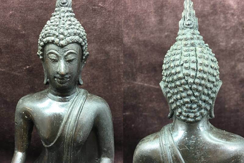 พระบูชา หลวงพ่อสุโขทัย ฐานสามขา ขนาดหน้าตัก ๔.๕ นิ้ว สูง ๙ นิ้ว เนื้อสัมฤทธิ์ หล่อดินไทย เนื้อเก่า สวย เข้ม ขลัง