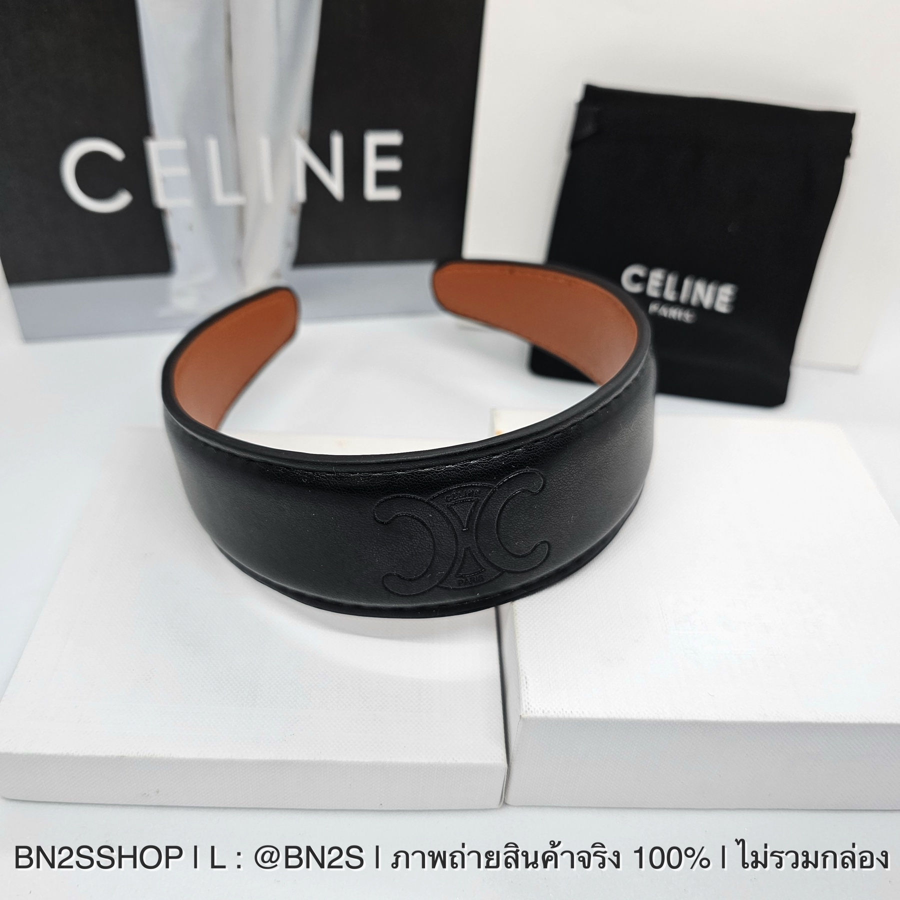 สีดำ | CELINE Cuir Headband in Calfskin Leather ที่คาดผมลายปัม CL งานหนังสีน้ำตาล งานปั๊ม หนังนุ่มมือมาก ถ่ายจากสินค้าจริง