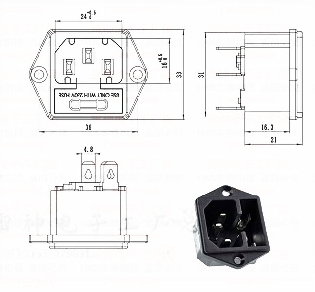 AC-03 Plug AC Power Socket 10A 250VAC 3 Pin Fuse Holder