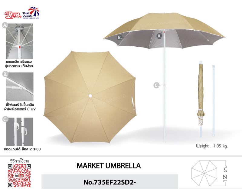 Leo ร่มสนาม สำหรับแม่ค้า,ขายของ,ร้านกาแฟ ขนาดØ1.55เมตร ทรงกลม ไม่มีชาย ซี่ไฟเบอร์ไม่ขึ้นสนิม