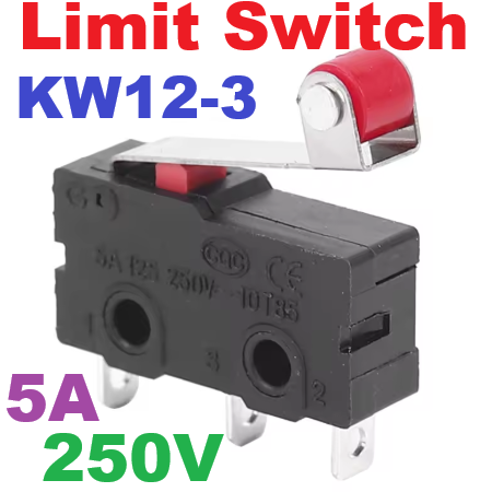 ไมโครสวิทช์ Micro Limit Switch KW12-3 AC 250 โวลต์ 5A SPDT 1NO 1NC Micro Switch Roller Lever Arm length 16 mm.