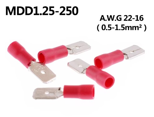 หางปลา MDD1.25-250 สีแดง สำหรับสายไฟ 0.5-1.5 mm2 (22-16 AWG) แพ็กละ 20 ตัว Crimp Terminal หางปลาเสียบ MDD1.25-250 ตัวผู้