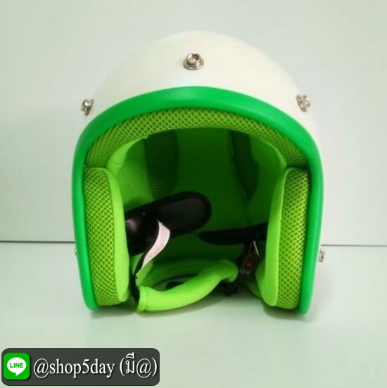 หมวกกันน็อคสไตล์วินเทจ คลาสสิค ลายแนวๆ เท่ๆ สีขาวมุก ขอบเขียว ถอดซักได้