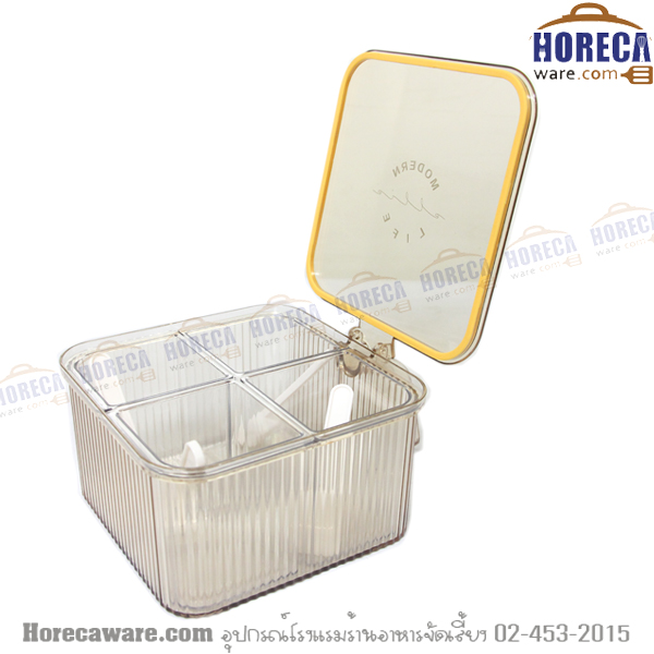 ชุดเครื่องปรุง 4 ที่ มีฝาปิด มีมือจับ ช่อง สีใส ซีลส้ม ศศิธ [sst-02-01]