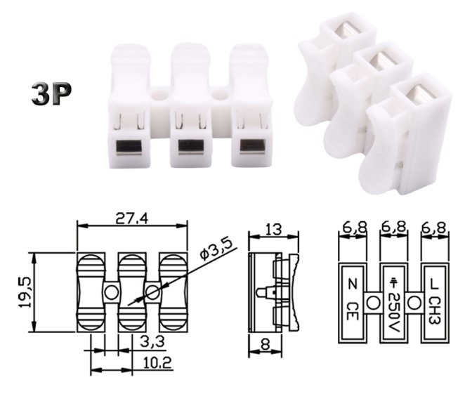 ขั้วต่อสายไฟ 3 Way Spring Clamp Terminal Blocks Quick Wire Connectors Push Quick Splice Lock Cable Wire Connector CH2